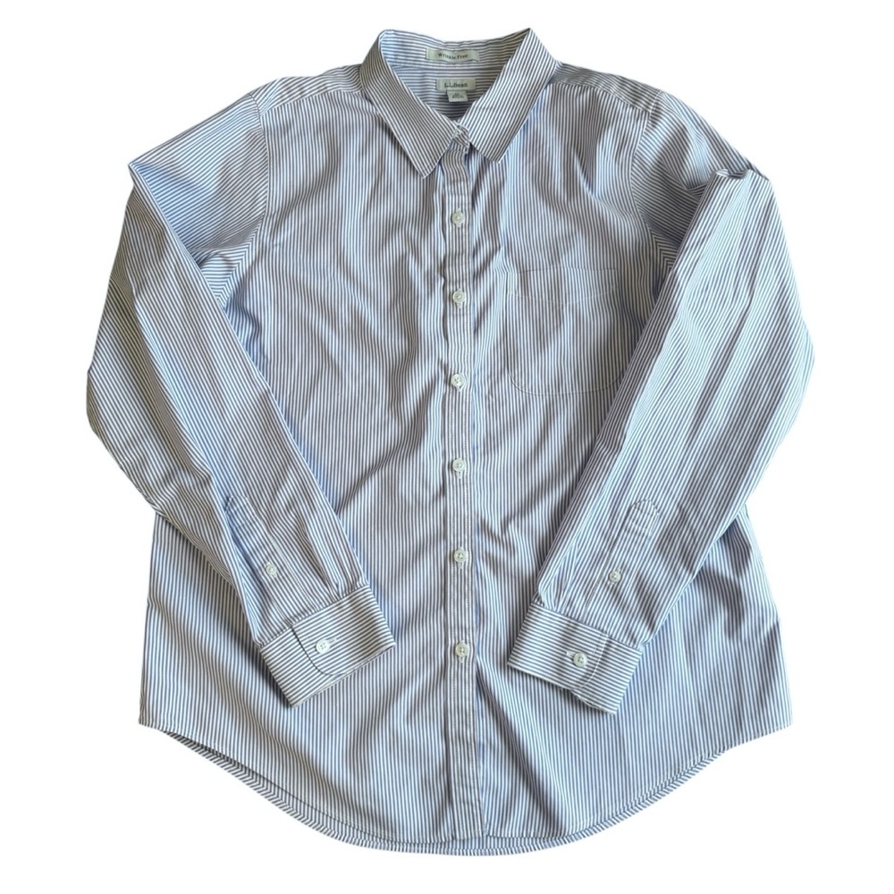 L.L. Bean Wrinkle-Free Navy & White Striped Button Down Blouse | Size Medium